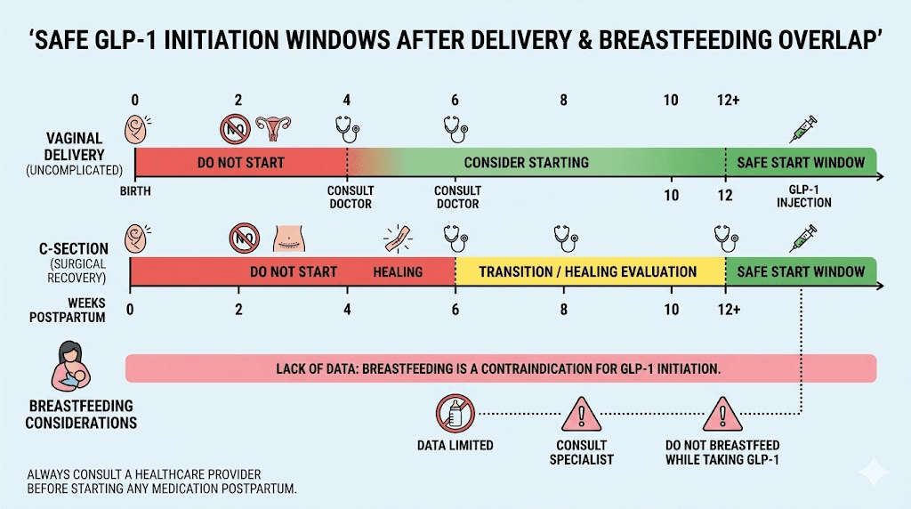 GLP-1 postpartum timeline showing when to safely start semaglutide or tirzepatide after vaginal delivery and C-section