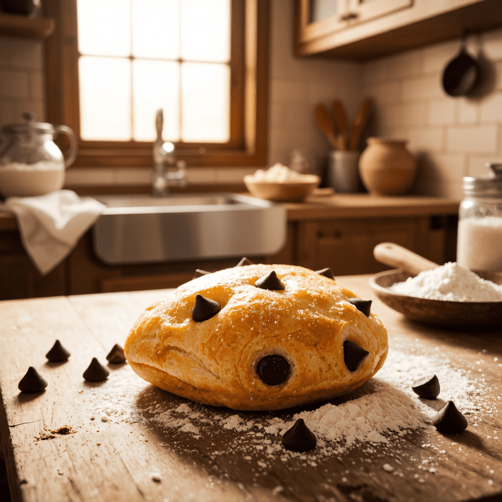 product photography of a piece of baked pastry with chocolate chips