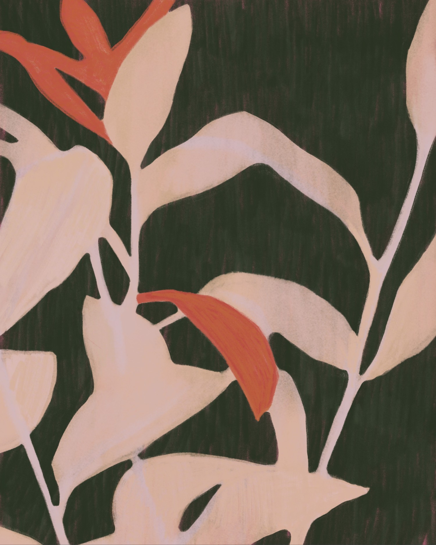 Pale pink and orange leaf silhouettes against a dark green background — "Botanical Composition 02" by Katarzyna Księżopolska