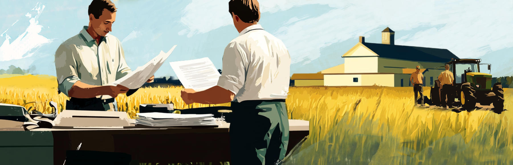 two men review documents in a field