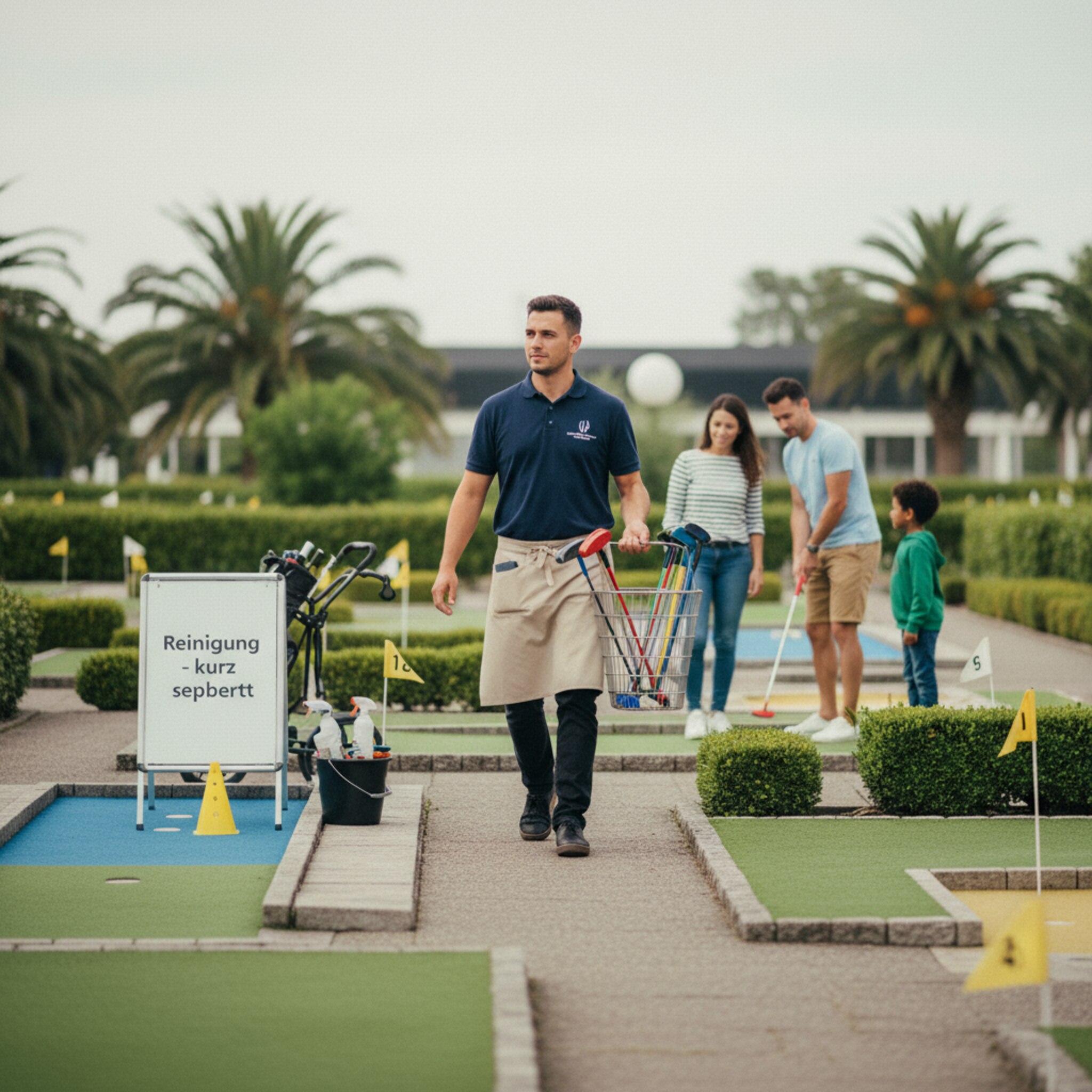 Ein Mitarbeiter trägt einen Korb mit Leihschlägern unterschiedlicher Größe entlang der Bahnen. Eine Bahn ist kurz gesperrt, ein Schild weist auf Reinigung hin. Nebenan spielt eine kleine Gruppe mit ruhigen Bewegungen. Das Licht ist gleichmäßig, Wege und Ressourcen sind klar voneinander getrennt.