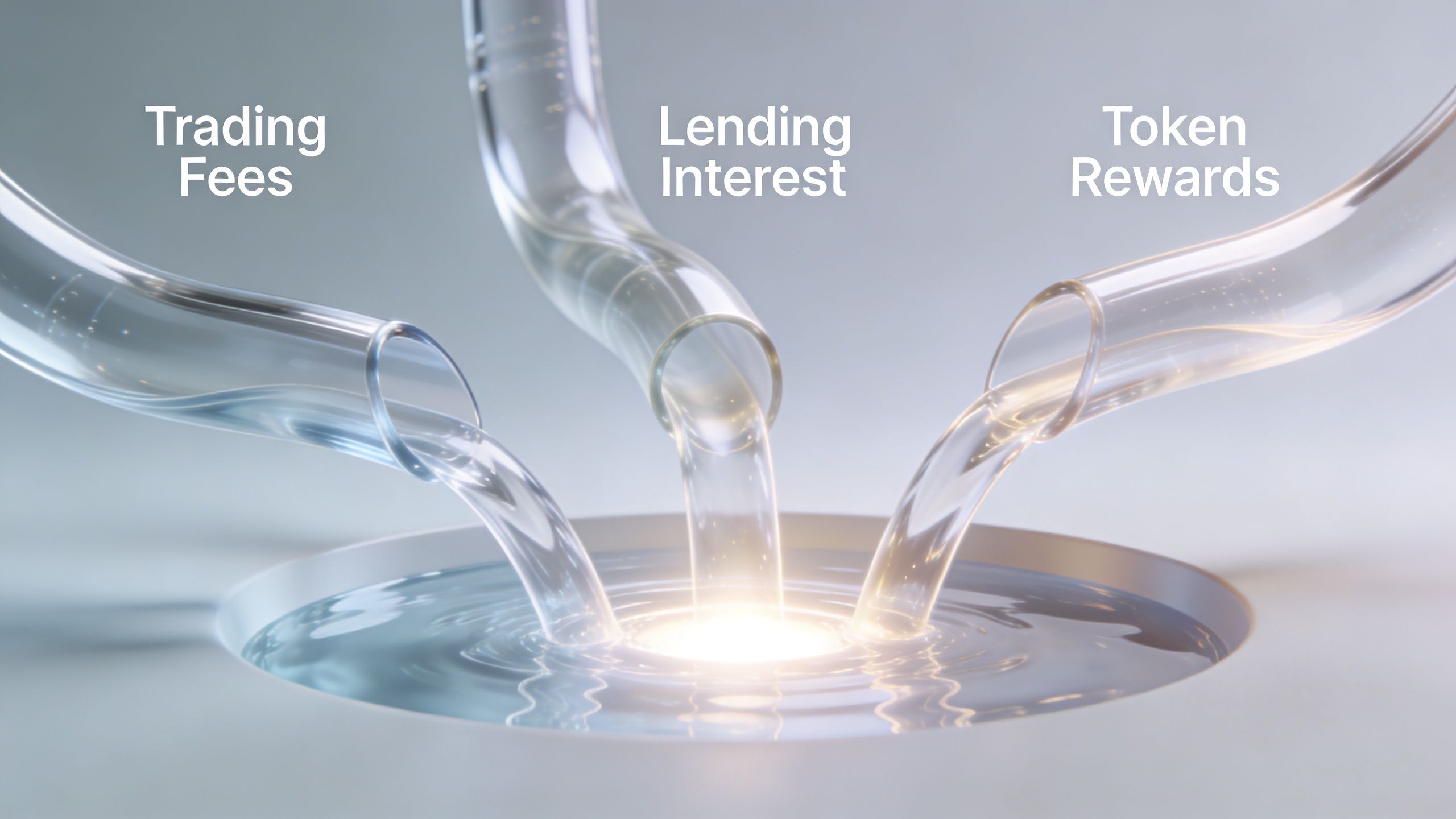 Three glass pipes pouring liquid streams into a central pool representing financial returns from yield farming strategies.