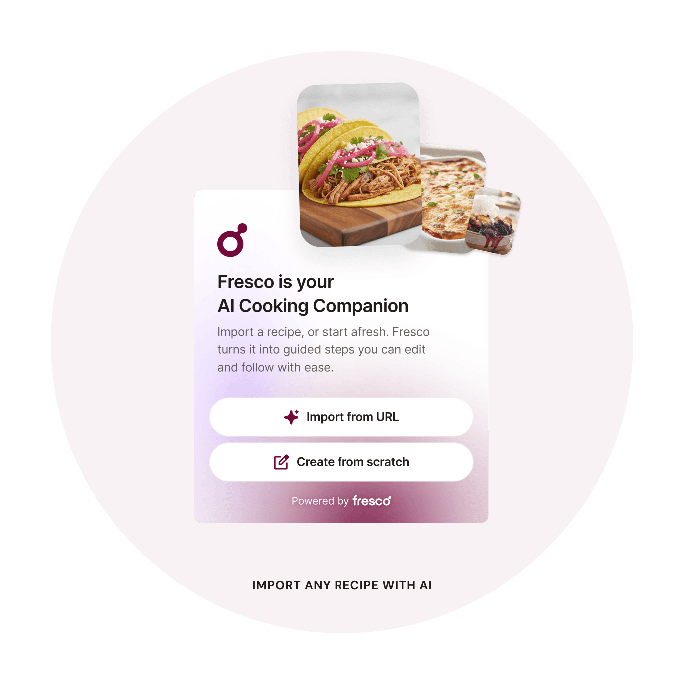 A document with text and a plate of baked goods beside it; background is a circular purple shape.
