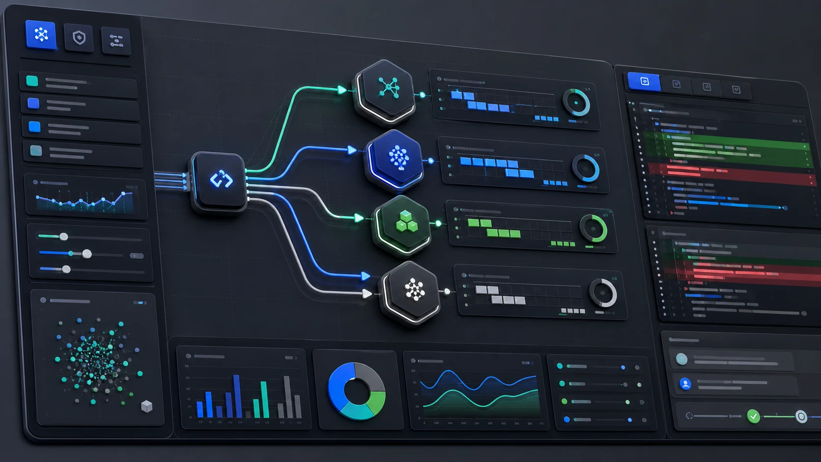 AI model routing dashboard for coding tasks with context, cost, and code review panels
