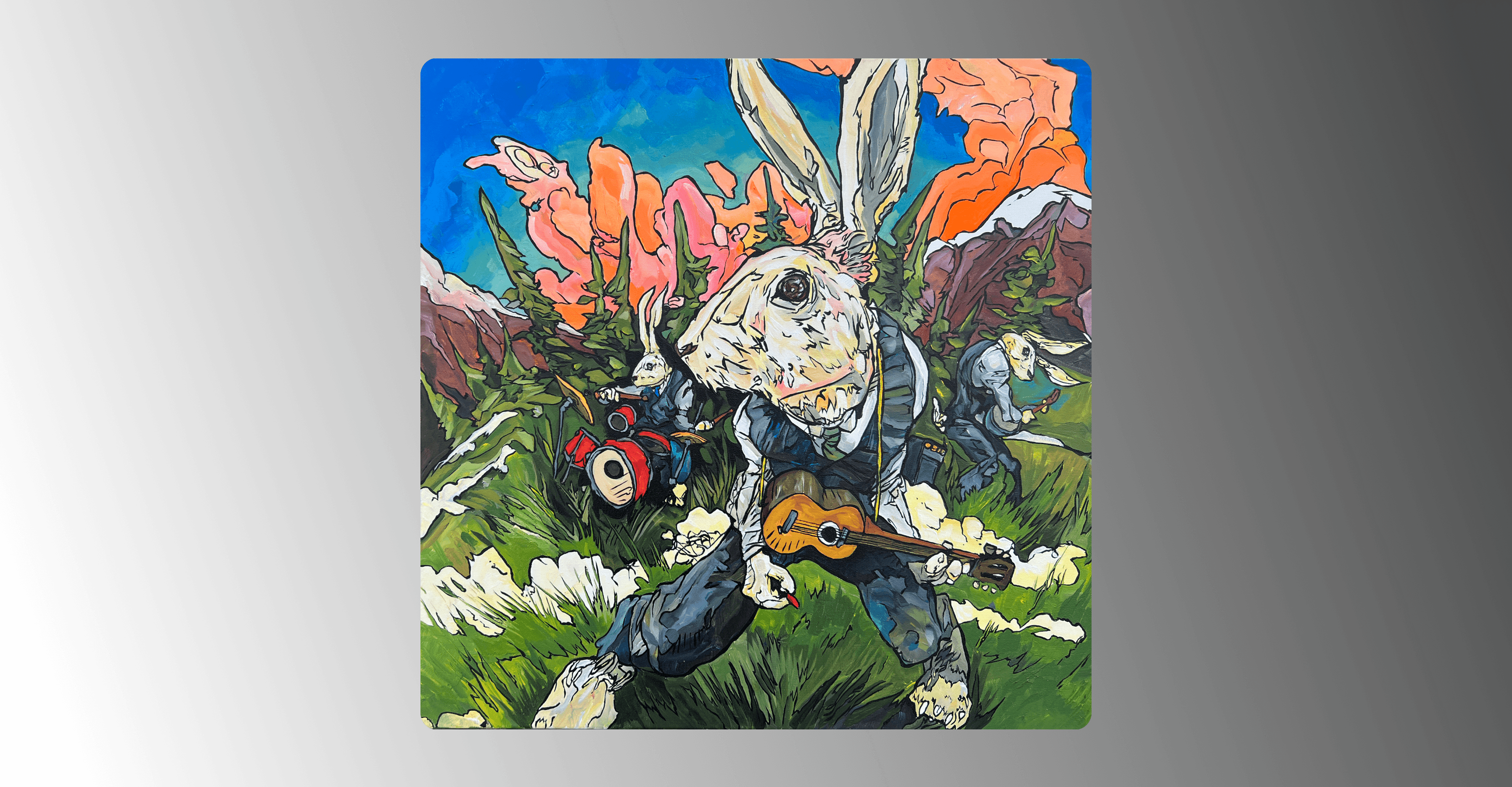 The painting titled, "Play to the Last Second," where three white bunnies play in a band in a green field surrounded by mountains.  The bunny in the foreground is playing a guitar and is wearing a blue suit with a green tie.