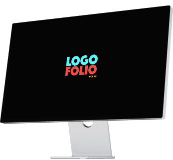 Desktop mockup logofolio Vol. 01 title on black background in bright retro colors.