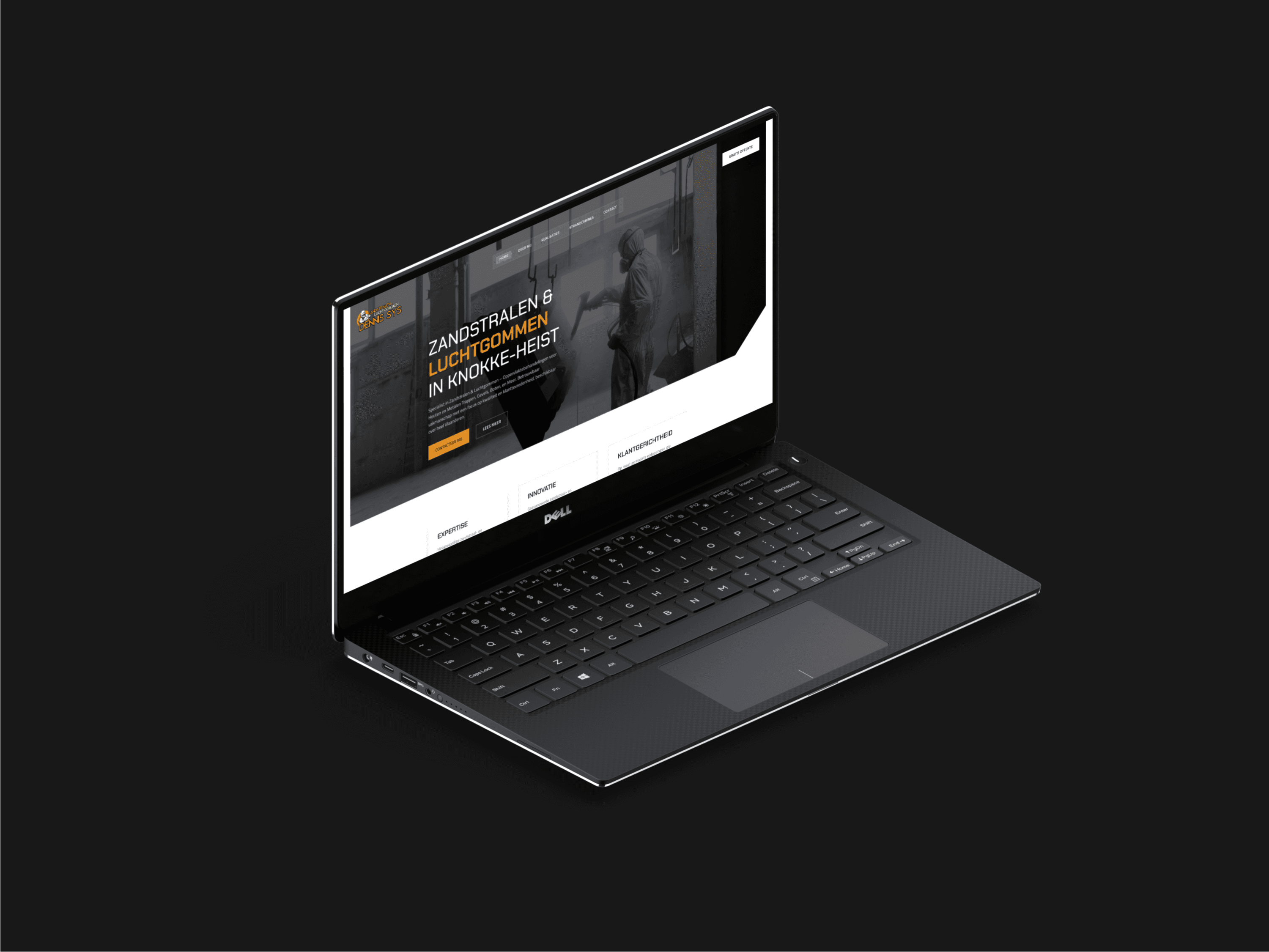Mockup van Zandstralen & Luchtgommen Dennis Sys website op een Dell laptop