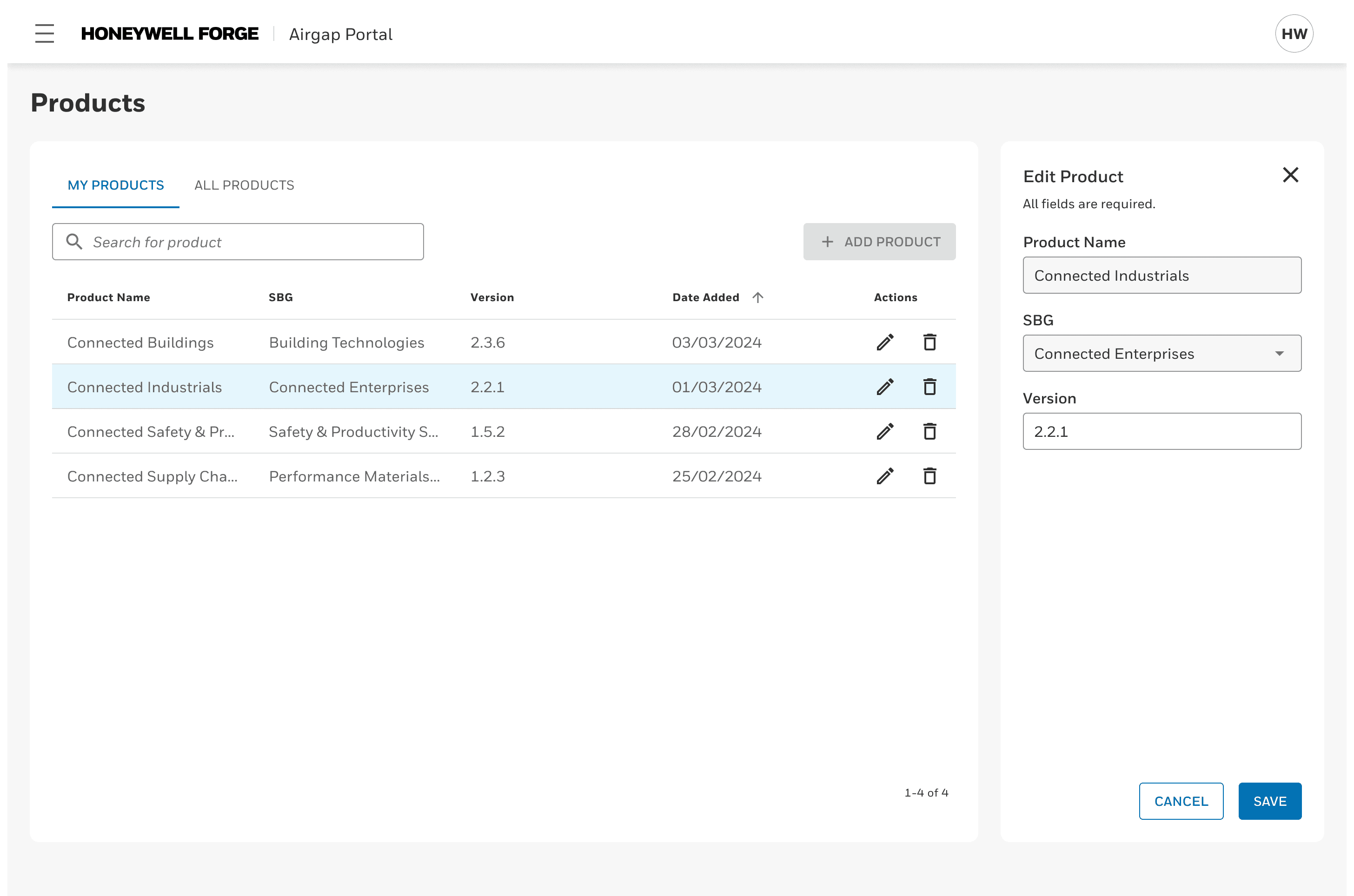 Editing an existing product in the Products page