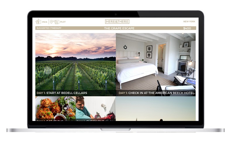 A laptop screen displays a suggested itinerary titled “THE GRAPE ESCAPE” from HERE&THERE in New York. The itinerary includes four images: a vineyard at sunset, a bedroom in a hotel, a person eating at a restaurant, and a person relaxing in a chair. The price is $400.