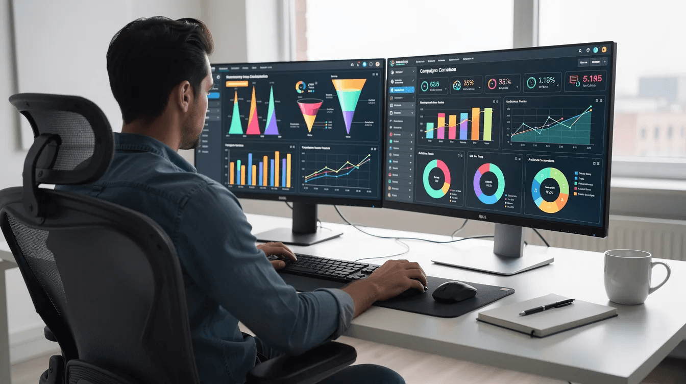 A person is seated at a desk, working intently on two monitors displaying vibrant marketing analytics graphs and colorful charts, likely analyzing data related to PPC campaigns and ad performance. The screens showcase various metrics that could include Google Ads insights, keyword research, and performance tracking for optimizing advertising campaigns.