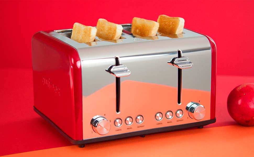 A sleek, red Cusimax toaster with a shiny chrome finish is toasting four slices of bread against a vibrant red background.