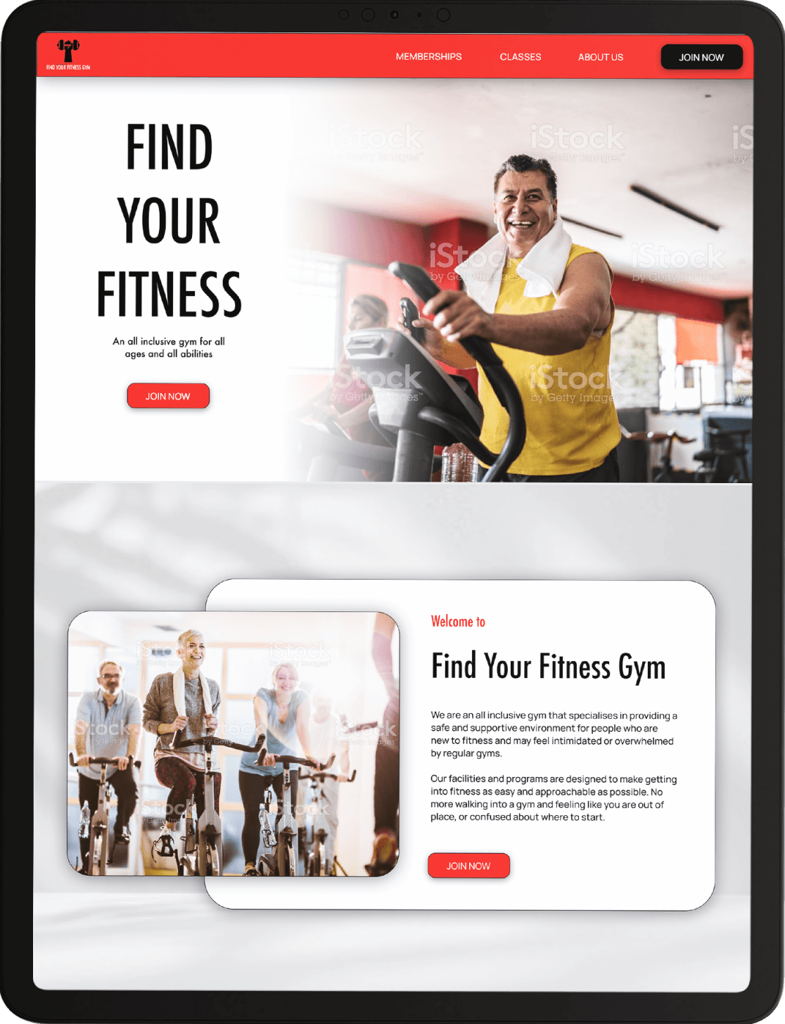 Screen capture of a website design for a gym