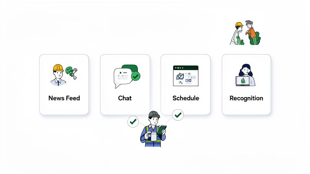 Illustration of employee engagement software features including news feed, chat, schedule, and recognition, used by a worker.