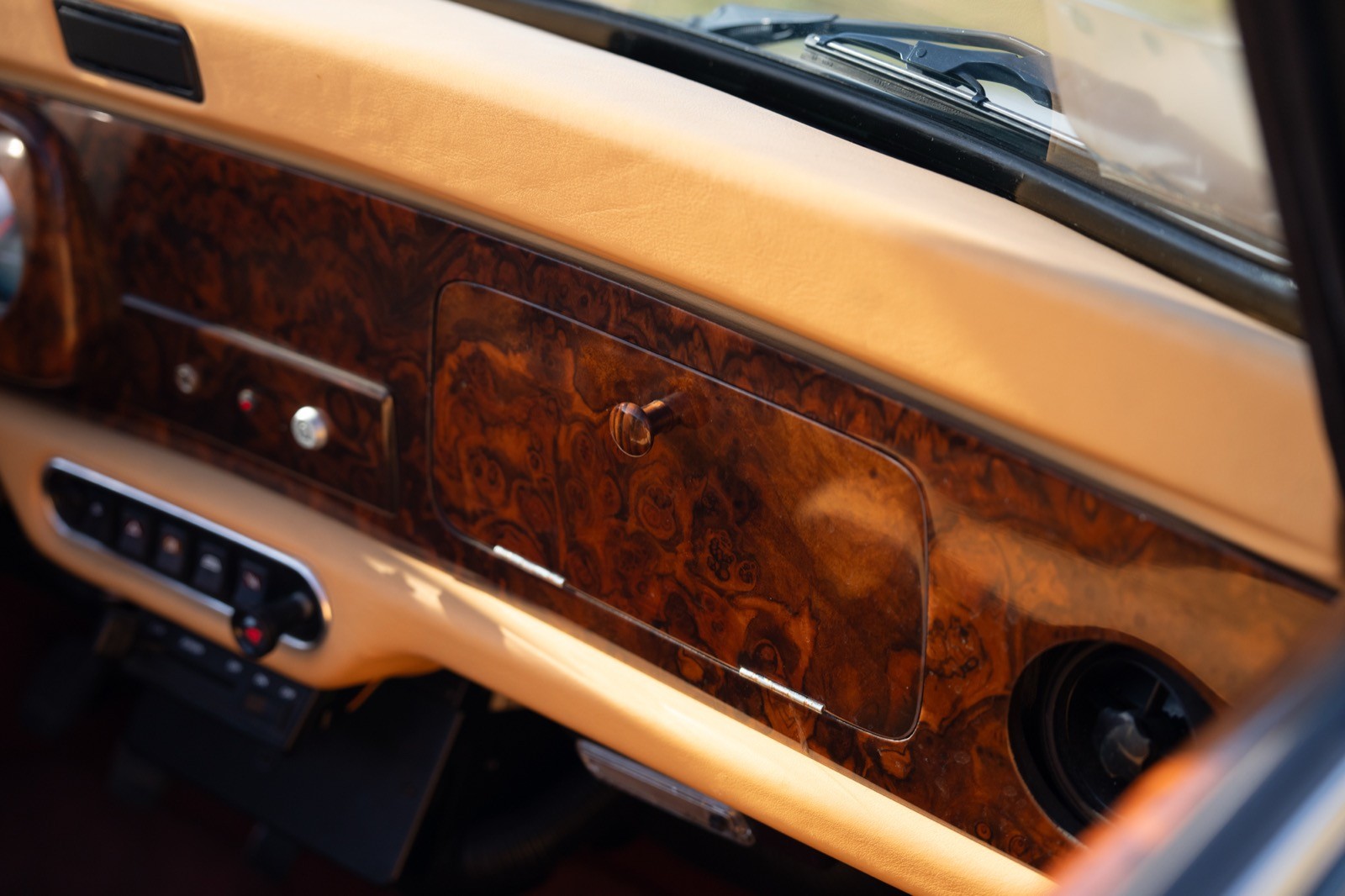 Close-up of a car’s interior door panel featuring wood accents and control buttons. Natural light highlights details.