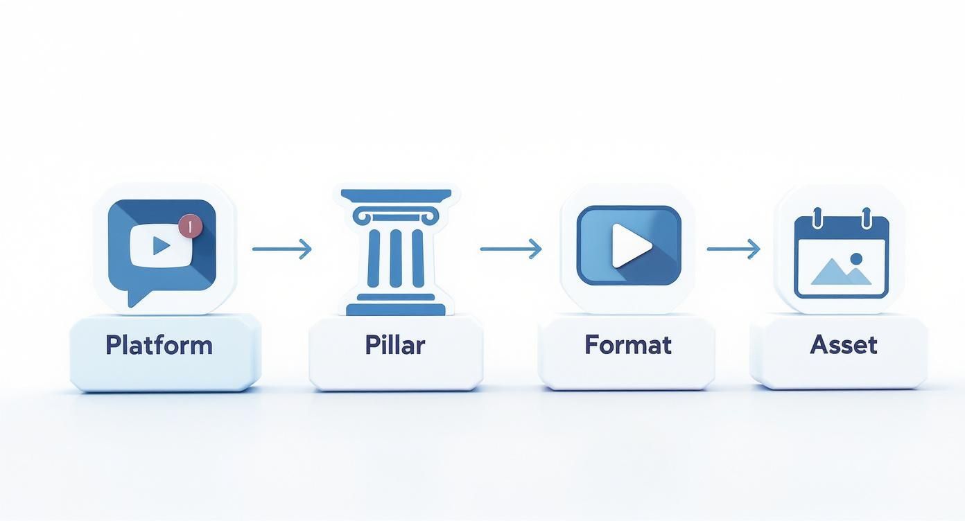 Four-step content workflow diagram showing platform, pillar, format, and asset stages with blue icons and arrows