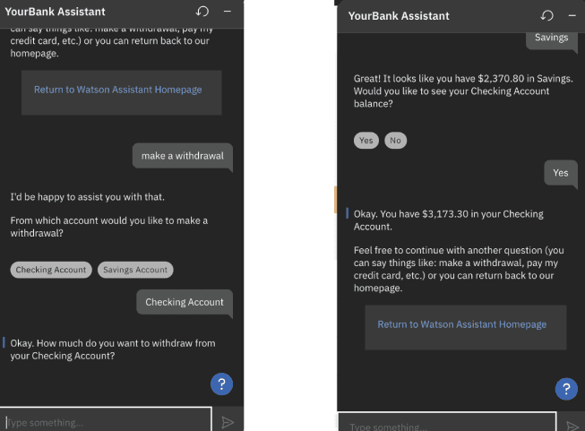 The image shows a conversation flow found on a banking chatbot powered using IBM Watson
