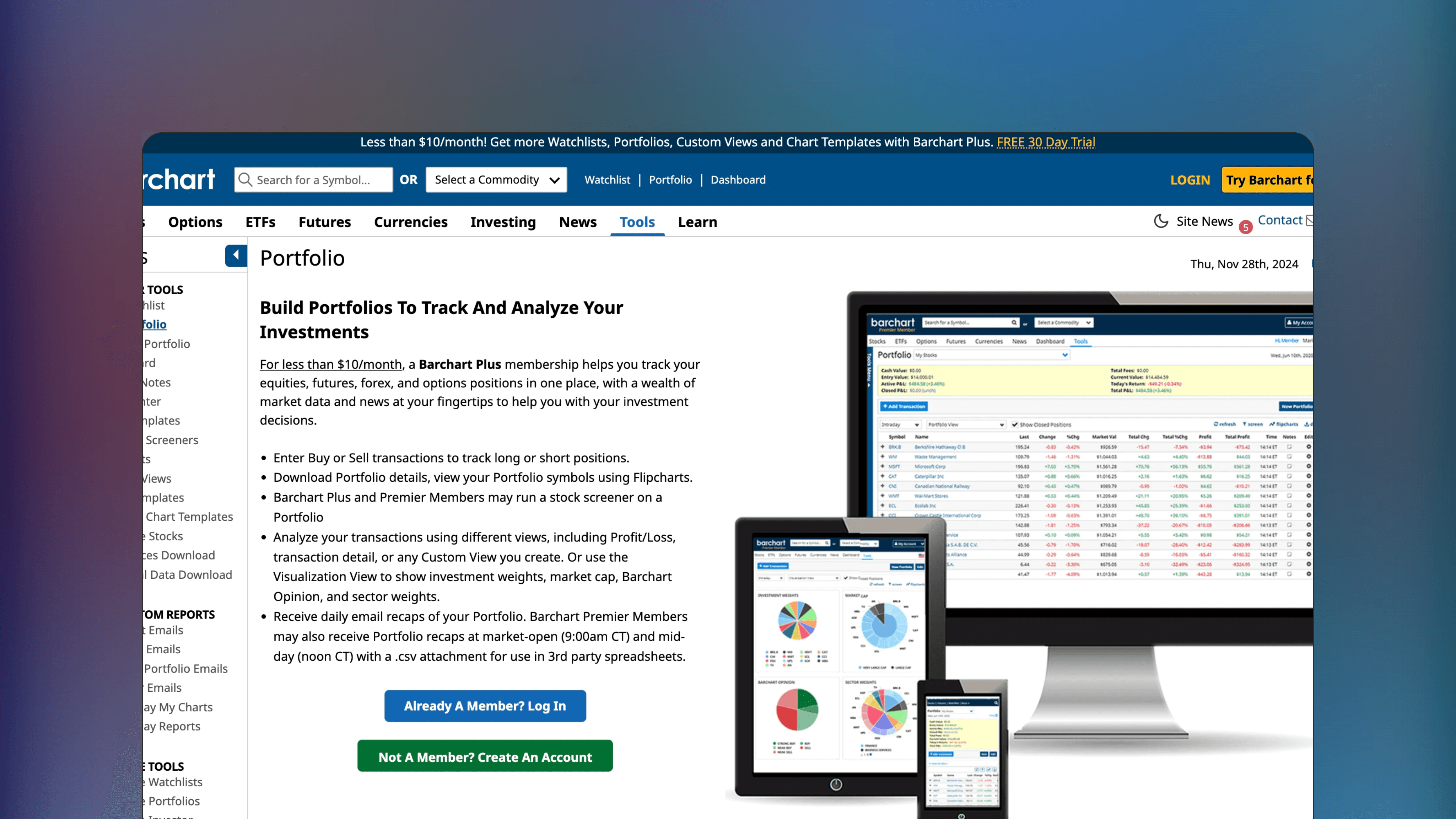 Website preview of Barchart Investor Portfolio, trade management tracking platform featuring a summary of investment holdings.