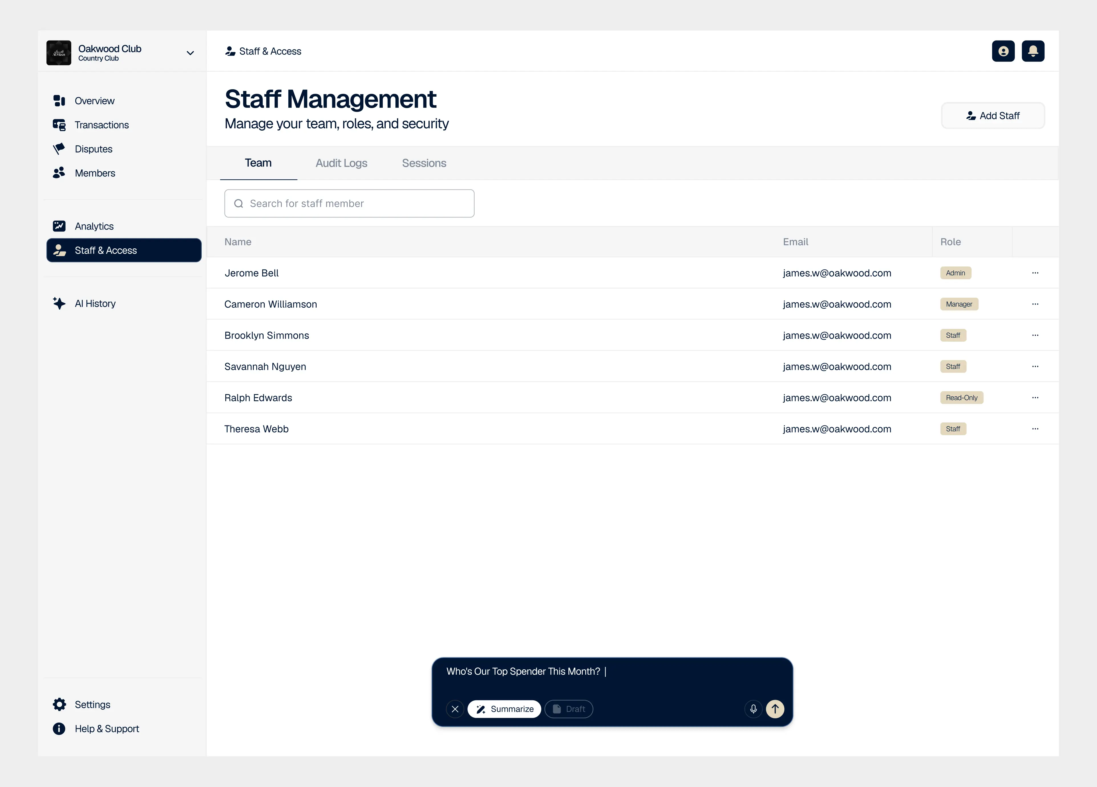 VRYFI NOW management portal AI assistant responding to a natural language query about top spender data