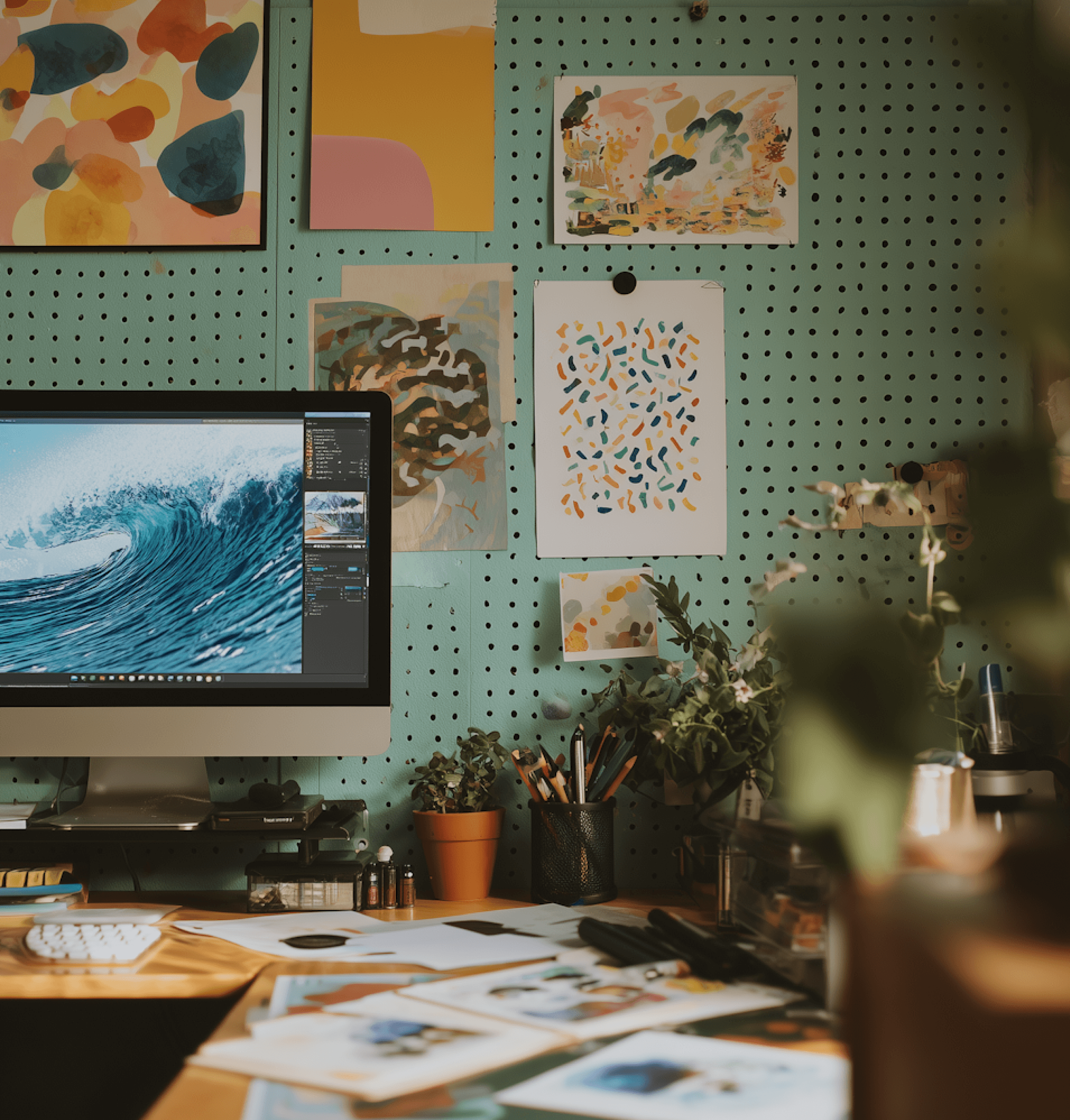 An artist's desk is shown, featuring a computer displaying a wave,