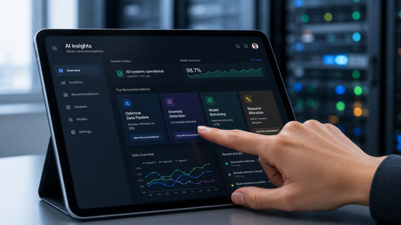 A hand interacting with an AI insights dashboard on a tablet computer in a server room.