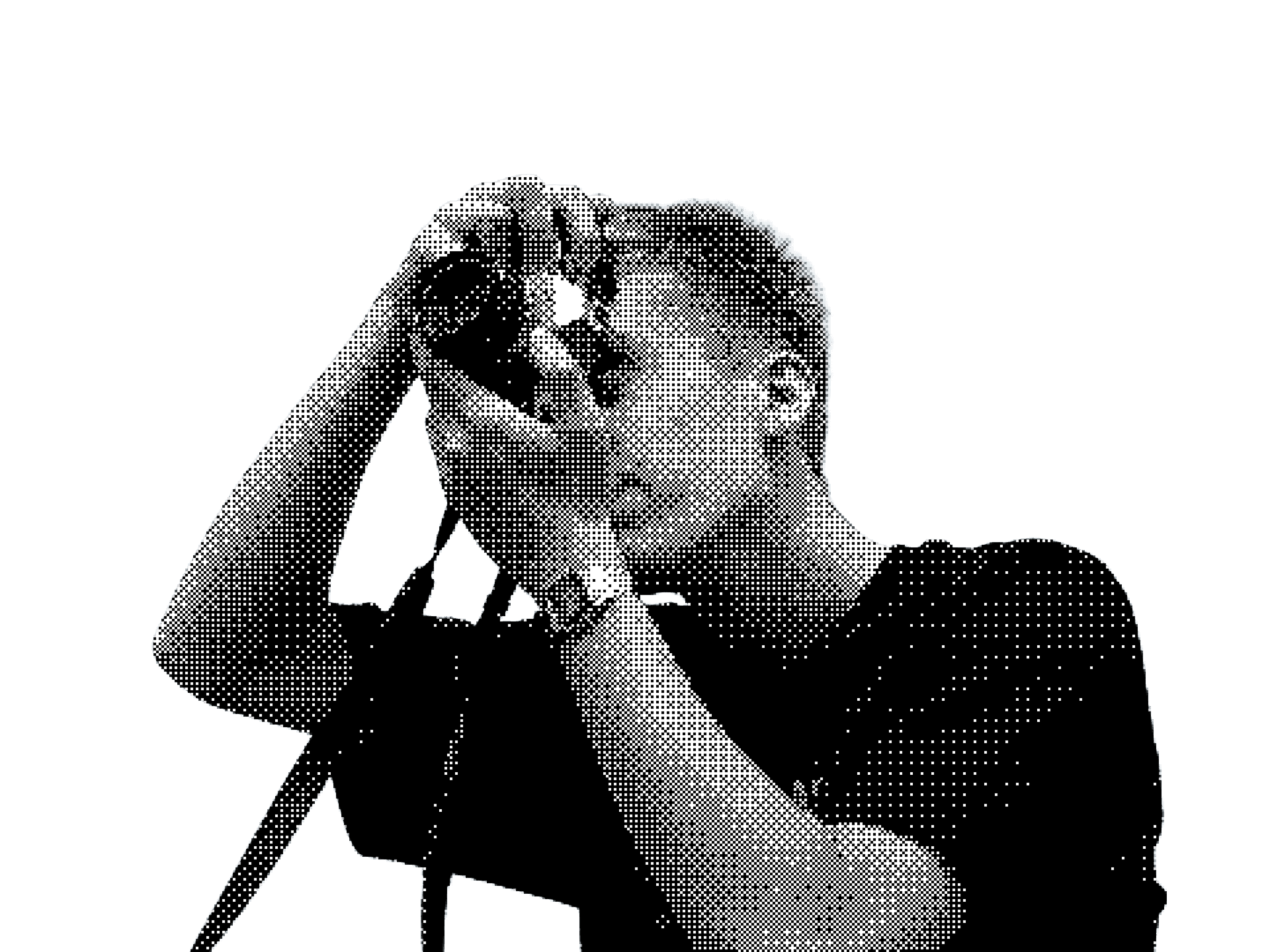 A high-contrast halftone image of a person holding a camera up to their eye as if taking a photo, set against a plain white background.