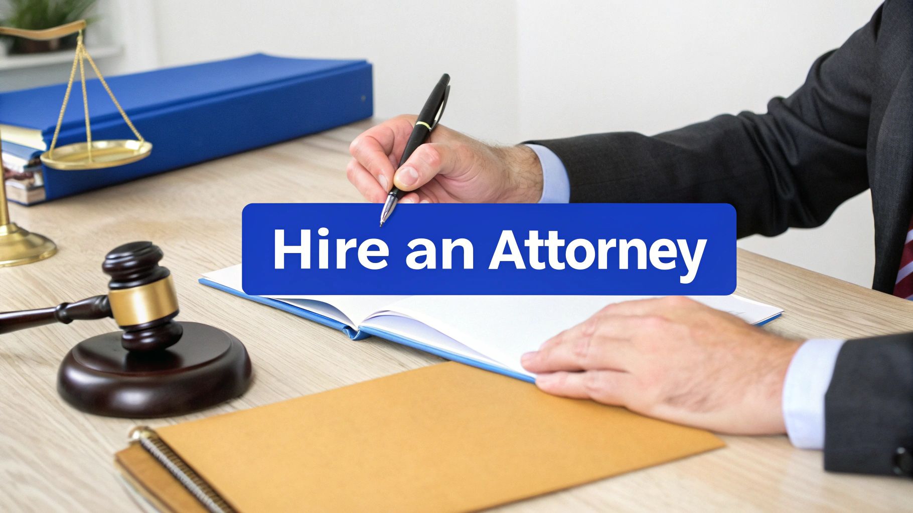 A person in a suit signs a document, with a gavel and scales of justice, overlaid with 'Hire an Attorney' text.