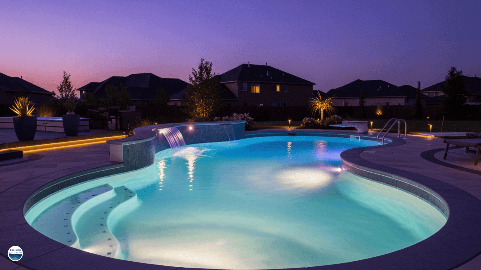 Custom fiberglass pool design with LED lighting and waterfall feature