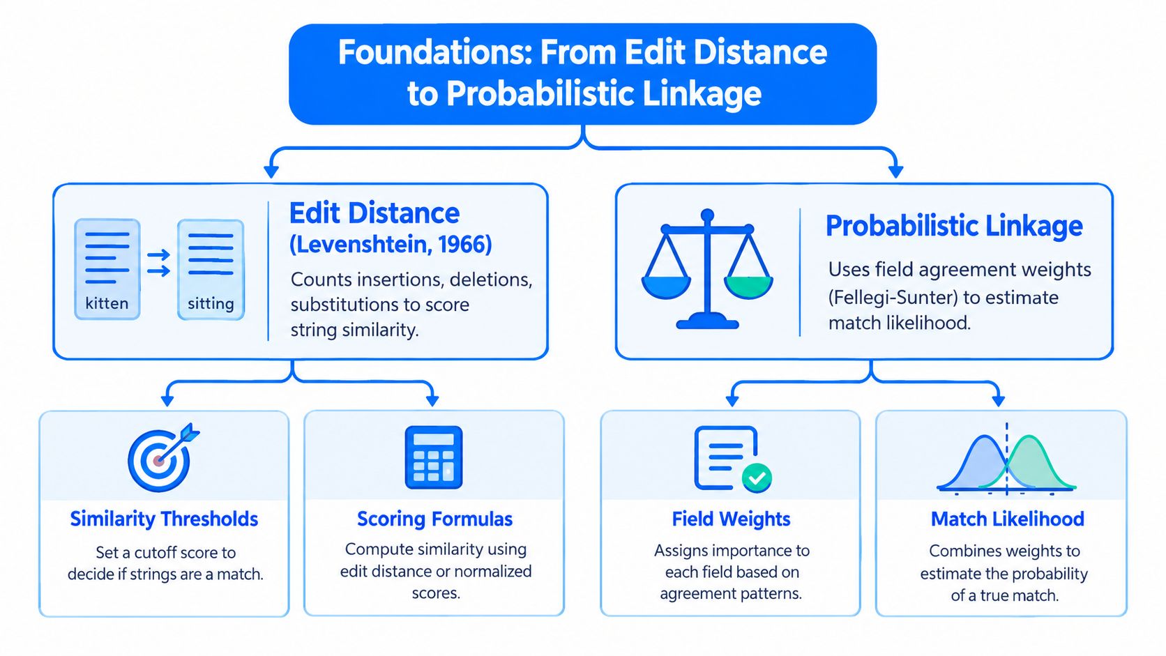 A flowchart comparing edit distance algorithms and probabilistic linkage methods for evaluating data string similarities.