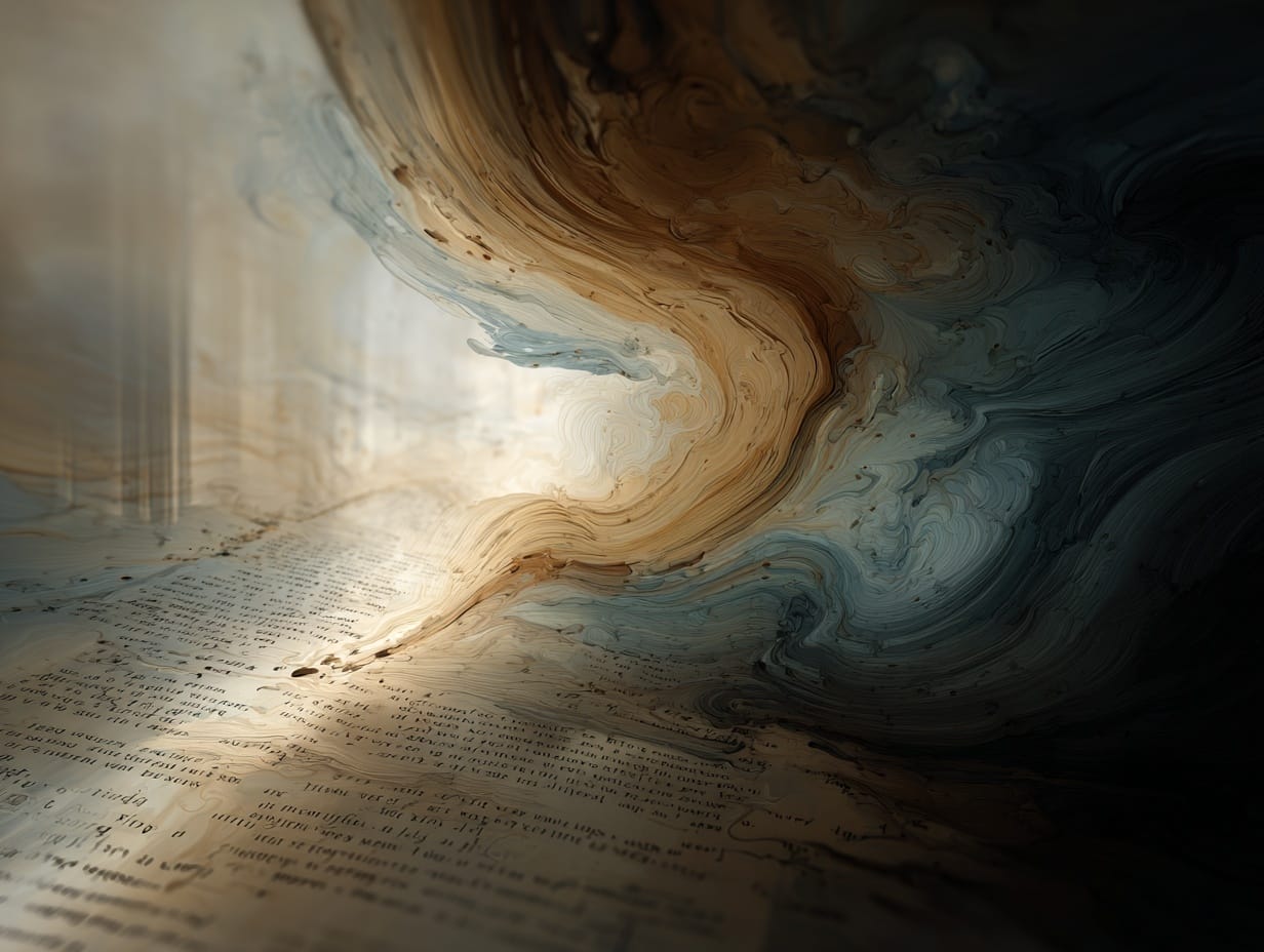Abstract artwork of chaotic colors resolving into a focused beam of light illuminating text on a page.