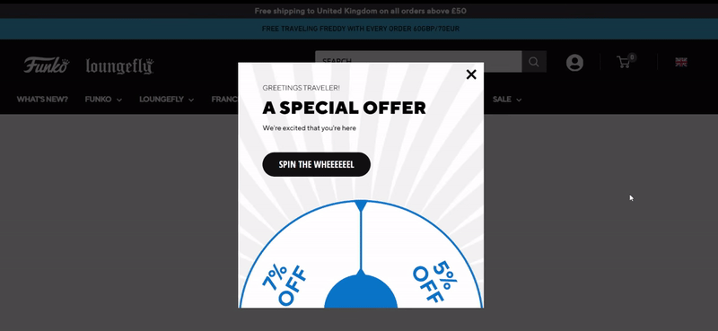 Funko e-commerce welcome popup with a gamified spin-the-wheel mechanic