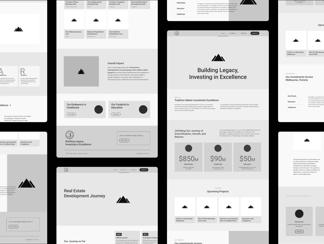 Wireframe designs for House of Brar’s website, created by One Craft, outlining the content structure, layout, and user experience flow for the real estate brand.