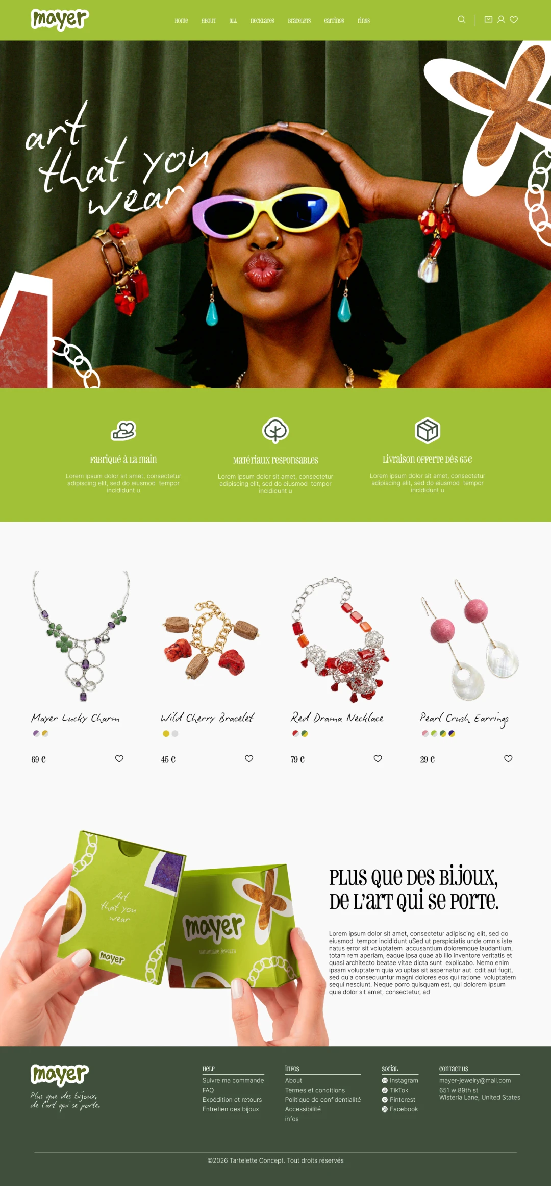 Homepage complète du site e-commerce Mayer Handmade Jewelry — hero, grille produits, section packaging et footer, UI design e-commerce bijoux handmade pensé de la première impression à l'unboxing, Tartelette Concept Toulouse