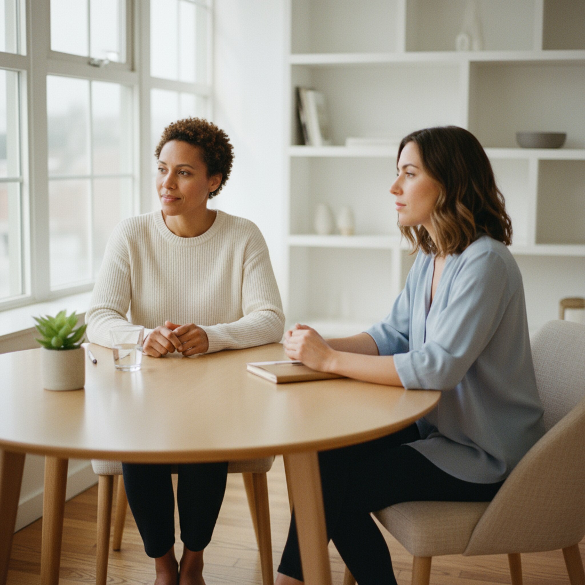 Ein Coach und eine Klientin sitzen an einem runden Holztisch, warmes Tageslicht fällt durch große Fenster. Ein Glas Wasser, ein Notizbuch und ein Stift liegen ordentlich bereit. Eine kleine Pflanze am Rand bringt Ruhe in den Raum. Ihre Körperhaltung zeigt Aufmerksamkeit und Vertrauen.