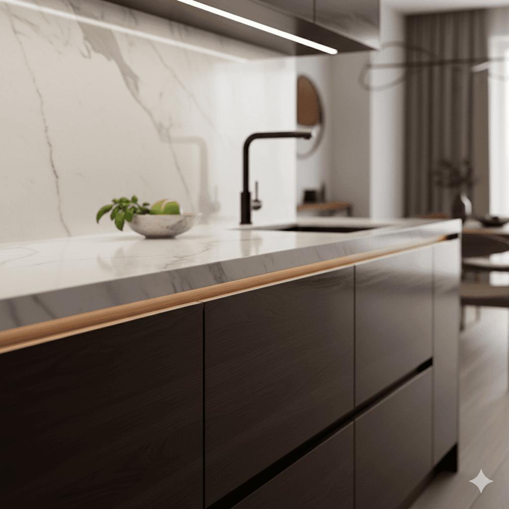 European-style modular kitchen, Italian marble, M3M Maple.