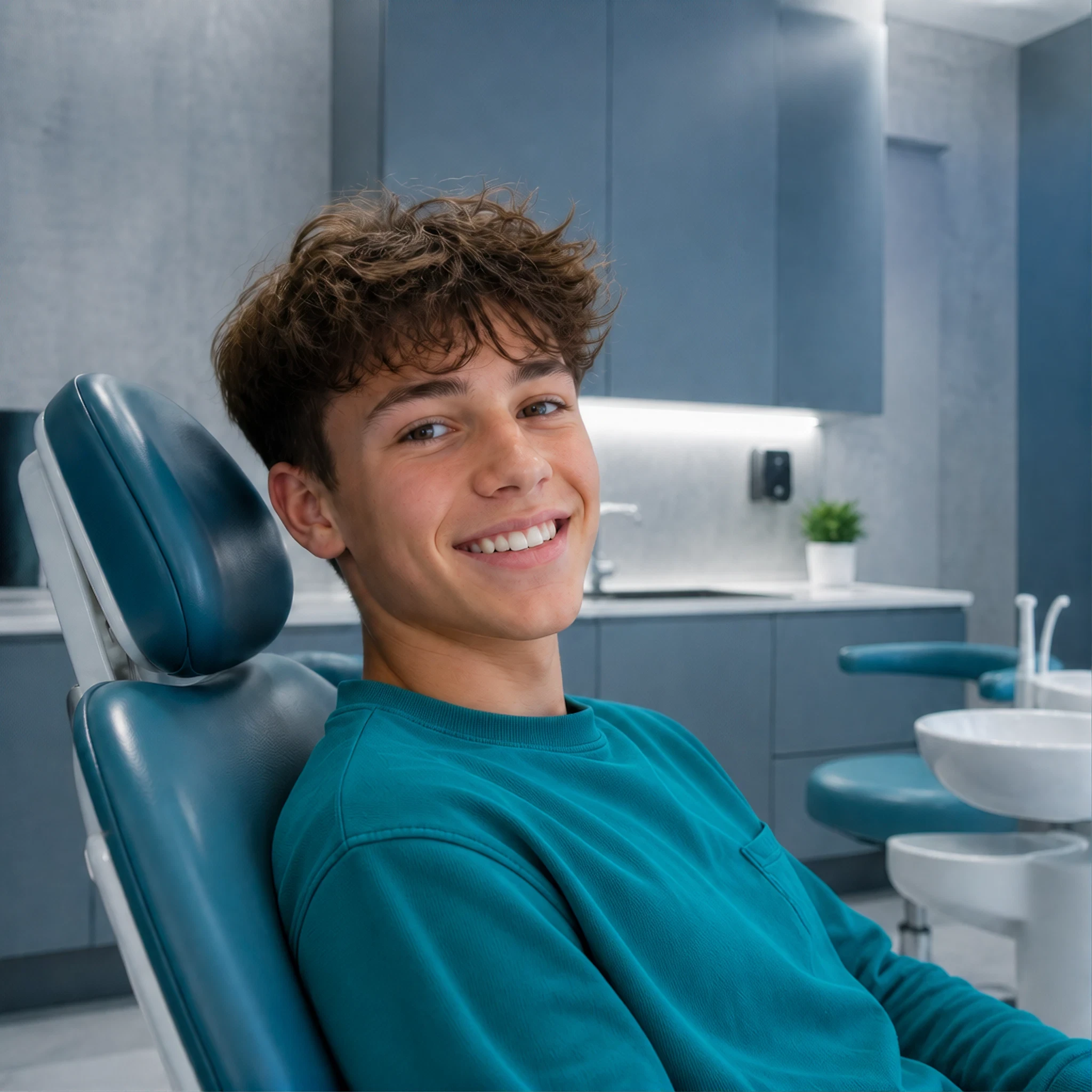 Happy young girl giving a thumbs-up while sitting in a teal dentist chair after a pediatric checkup