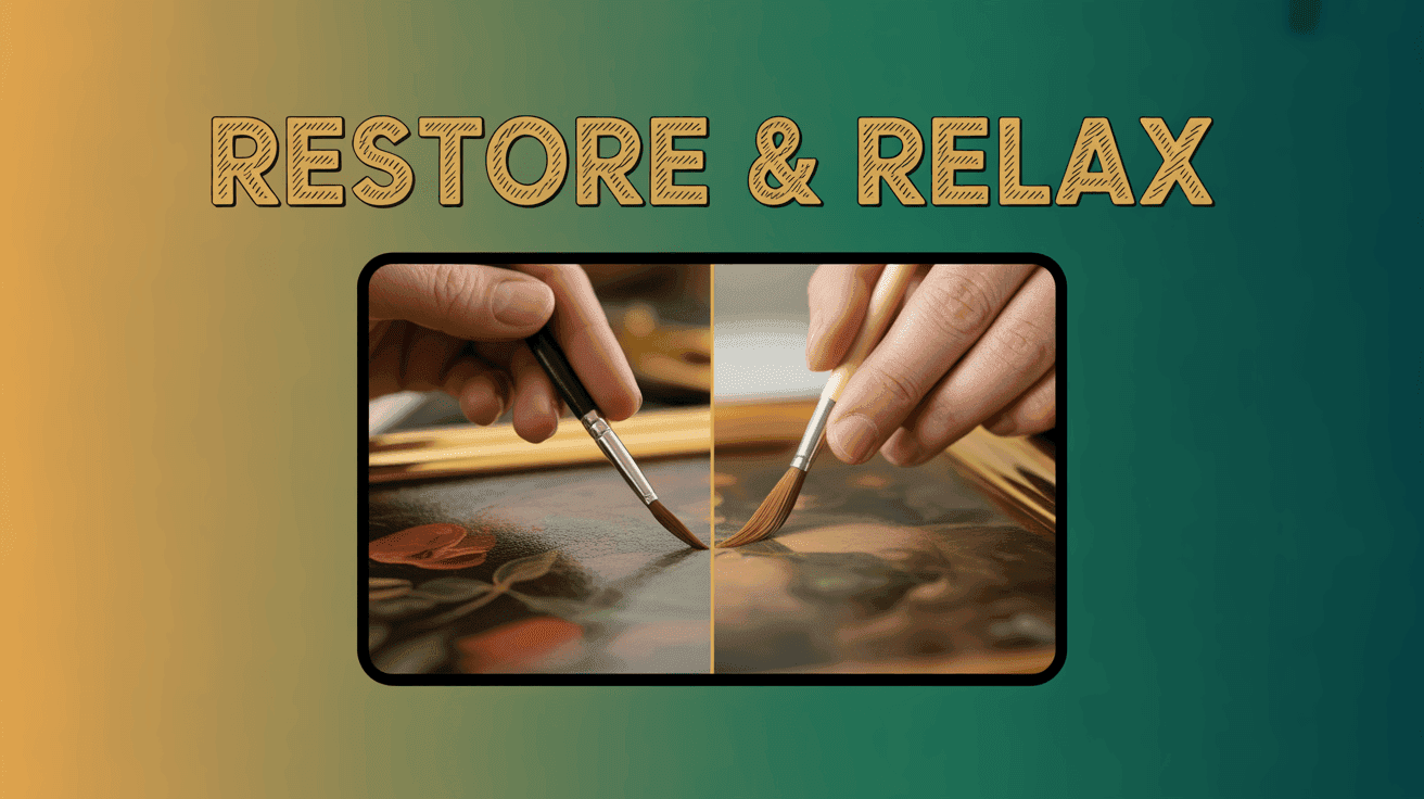 Art Restoration ASMR Thumbnail Template featuring art conservator carefully cleaning painting with small brush, split-screen before and after