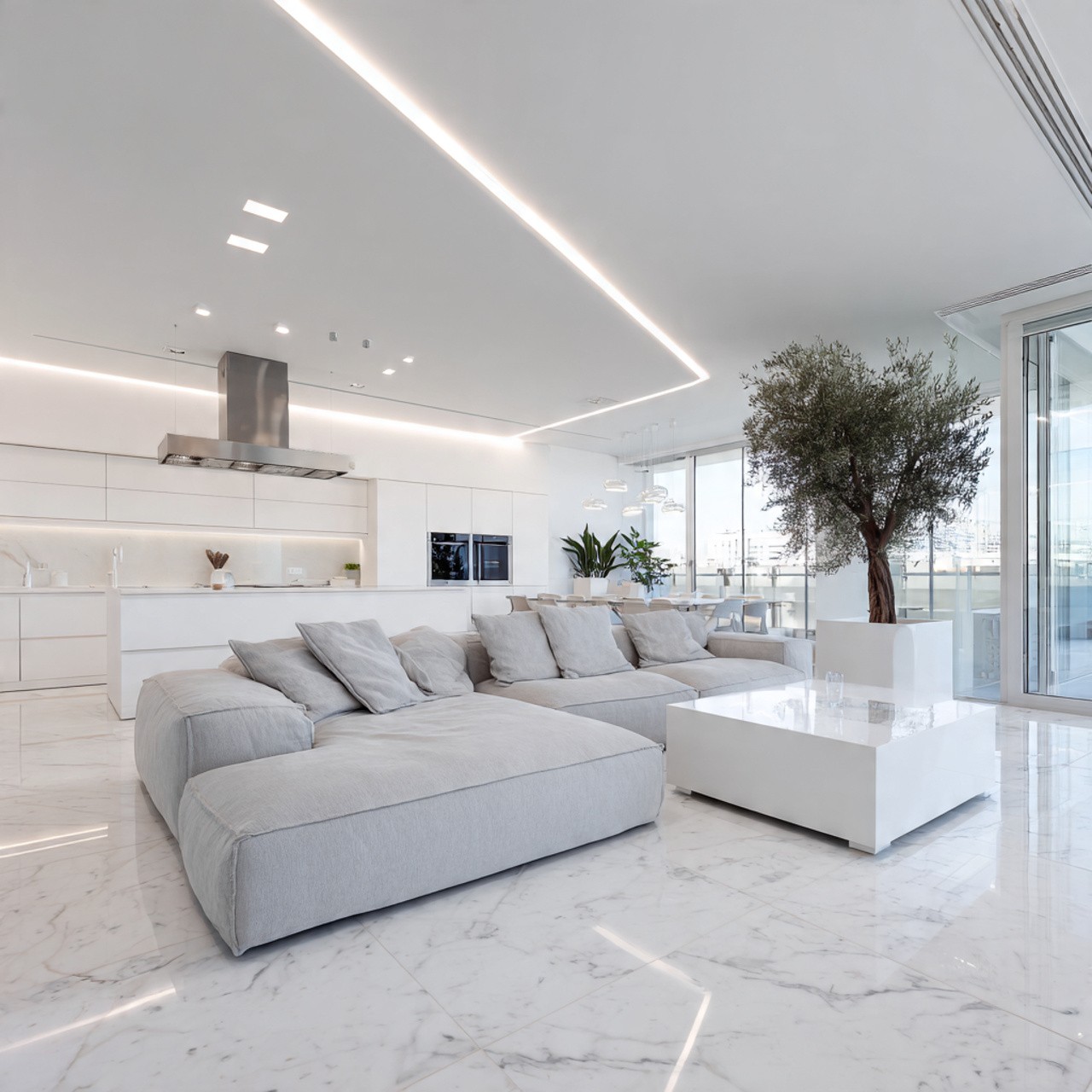 Sophisticated living room with dark wood paneling and a coffered ceiling. Features a white sofa, leather chair, and a large window with city views.