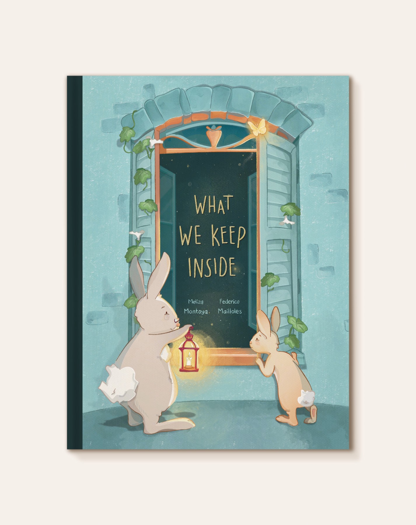 A book cover of two rabbit holding a candle while opening a window and looking inside with curiosity.