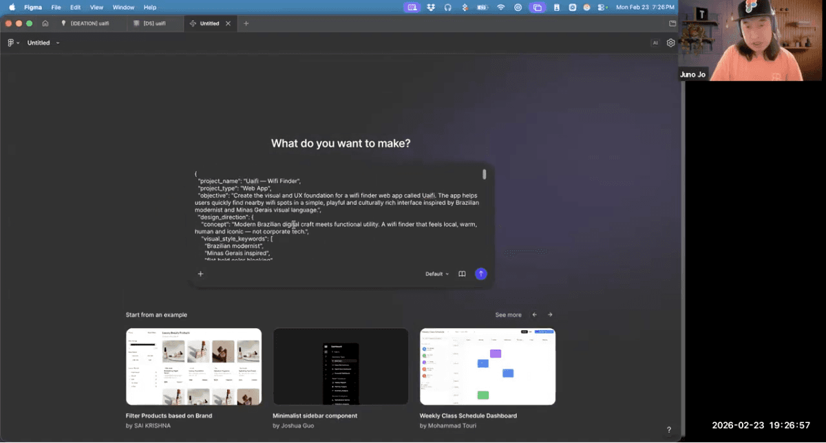 O prompt JSON colado direto no Figma Make. A partir daqui, a IA gera o app.