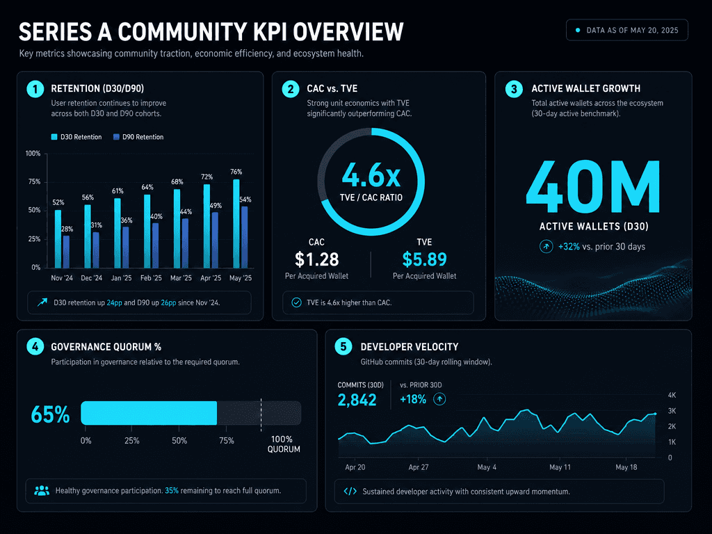 Founder dashboard display for Series A reporting, highlighting five key performance indicators like active wallet growth and governance quorum.
