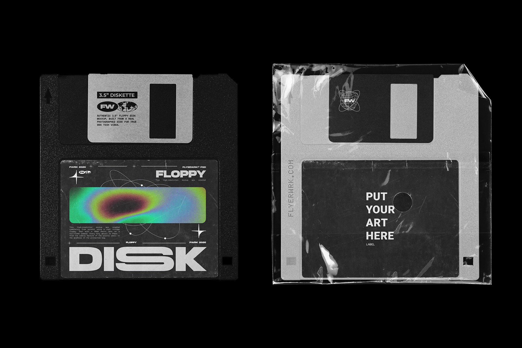 Vintage Floppy Disk 3.5 Inch Mockup featuring a black disk and a sealed plastic wrap version