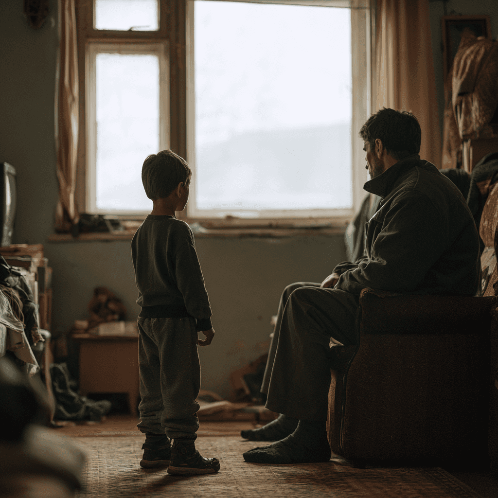 A father sitting silently in an armchair while his young son stands nearby