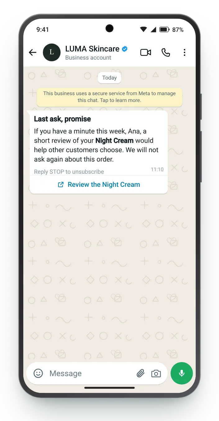 One reminder, then nothing: WhatsApp review request on an Android phone