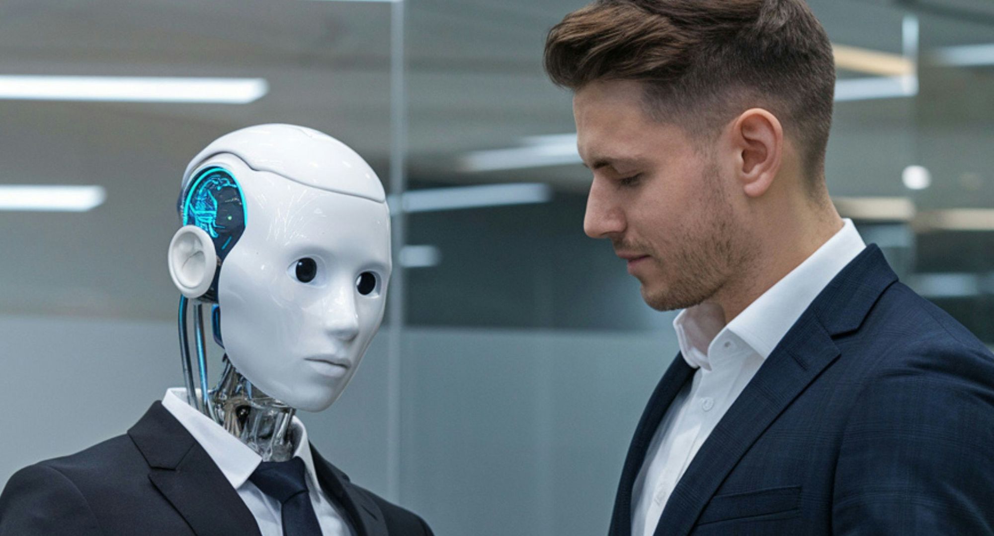 um homem e um robô ambos vestidos de terno dentro de uma sala de escritório