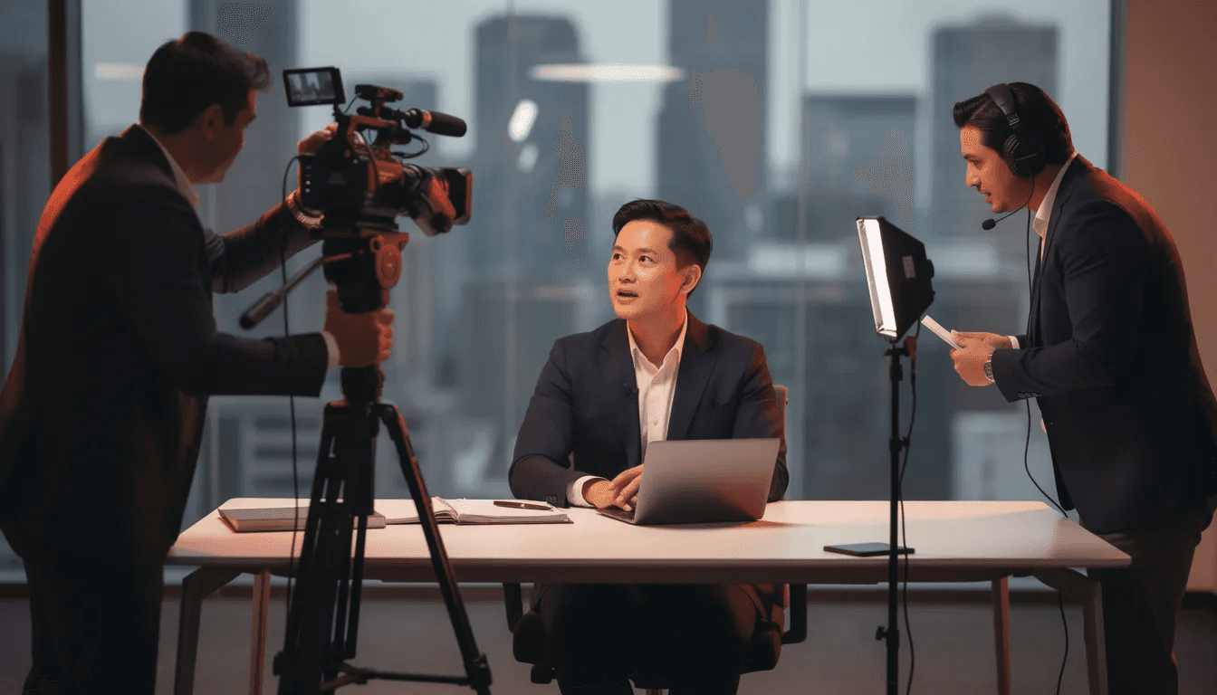 Une équipe de professionnels filme un cadre d'entreprise dans un bureau élégant, mettant en avant l'importance de la communication et de la création de contenu de qualité pour renforcer l'image de marque. La scène est dominée par des teintes de bleu nuit profond et des touches d'orange vif, symbolisant la créativité et l'engagement au sein du monde des affaires.