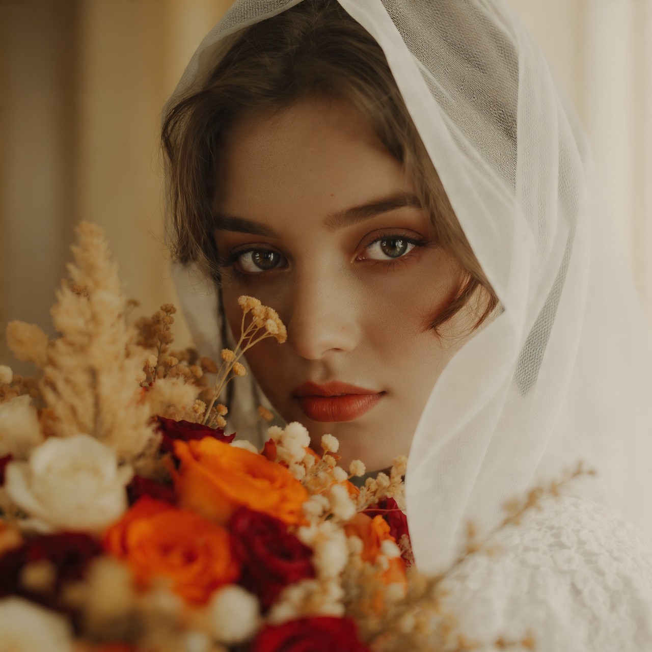 A bride looking forward through a sheer veil with a warm bouquet.