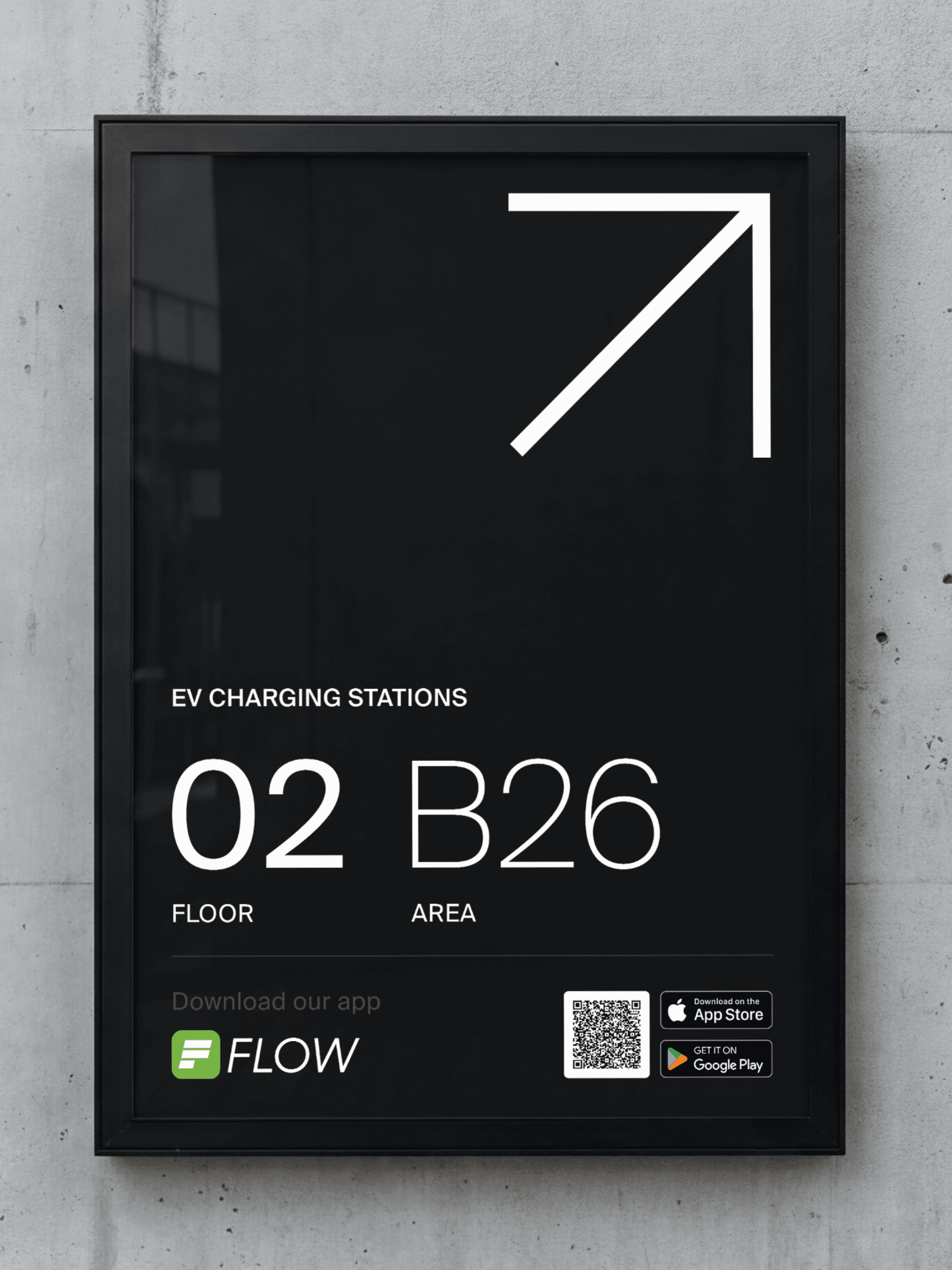 A high-contrast black and white poster design for EV charging station wayfinding and signage.