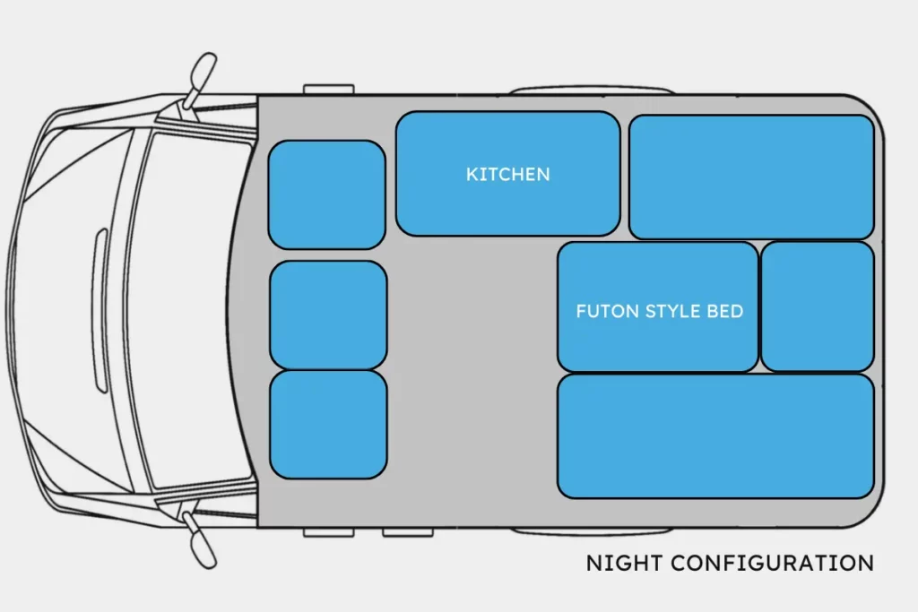 Night time configuration for VW transporter camper van layout with futon bed and interior kitchen