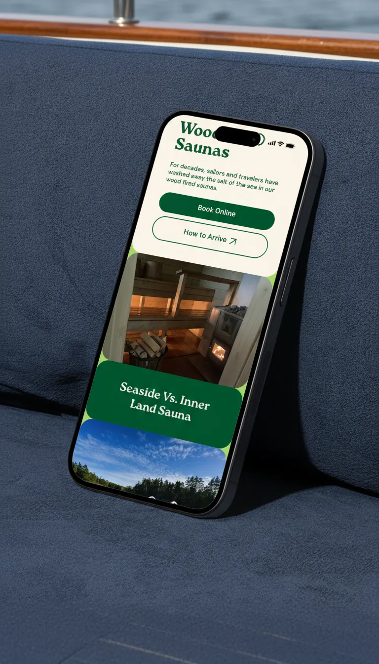 Iphone mockup featuring the sauna mobile screen on a sailing boat background.
