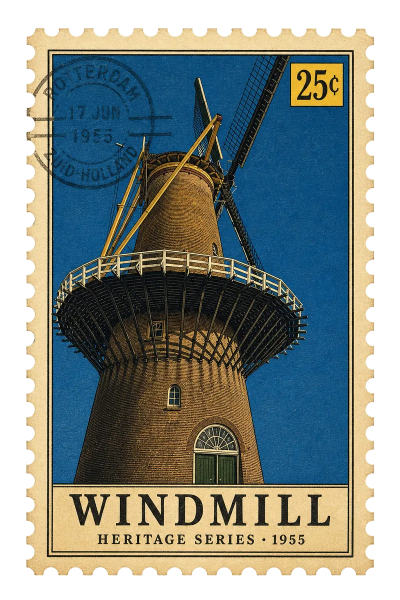 Vintage postage stamp of a Dutch windmill